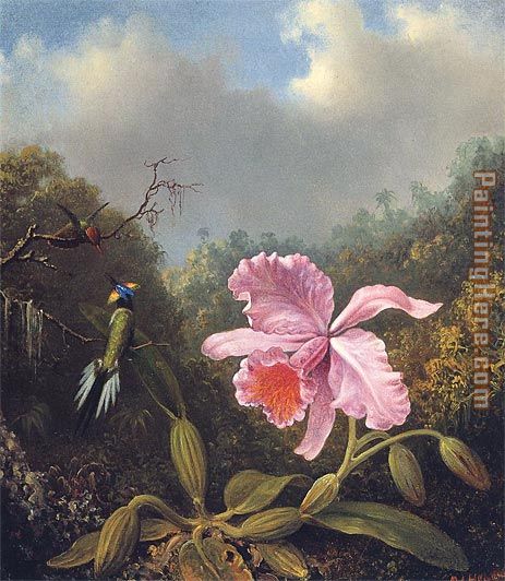 Fighting Hummingbirds with Pink Orchid painting - Martin Johnson Heade Fighting Hummingbirds with Pink Orchid art painting